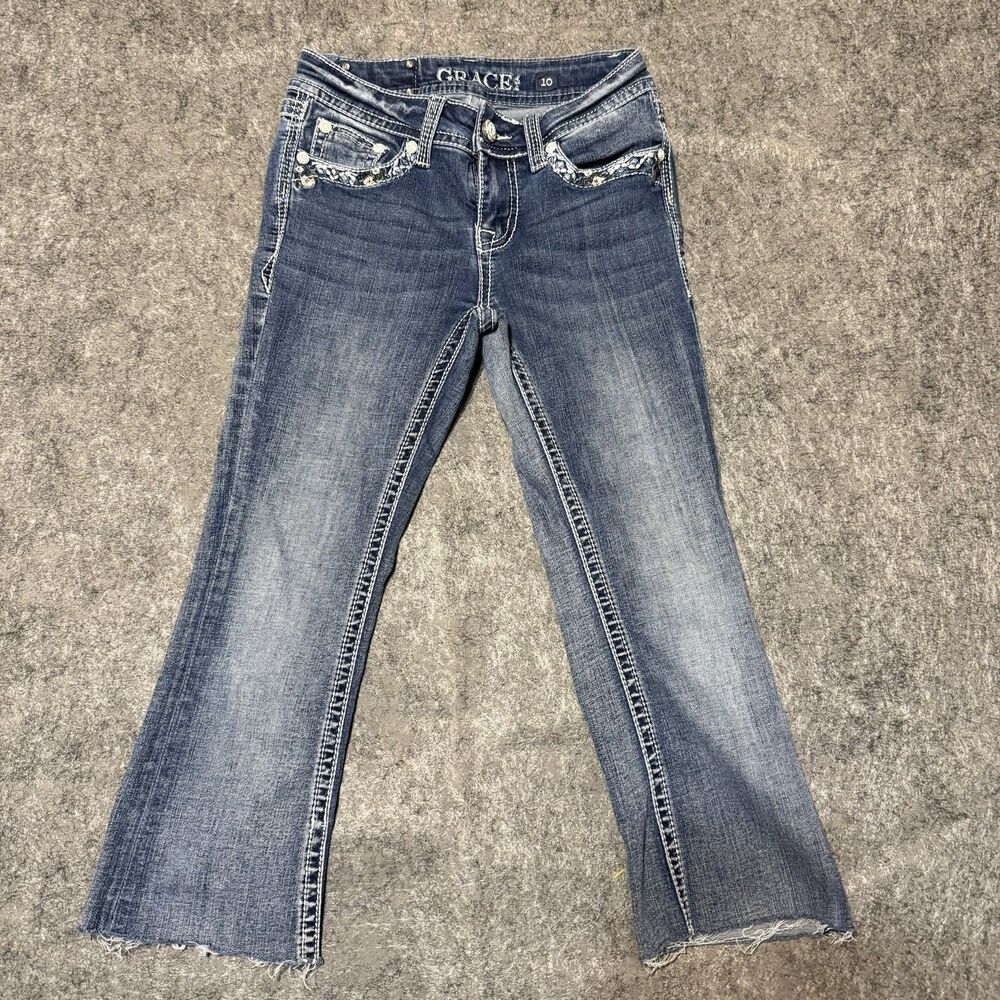 Grace in LA Cut Off Jeans Girls 10 Blue Flare Leg Embellished Stretch Denim